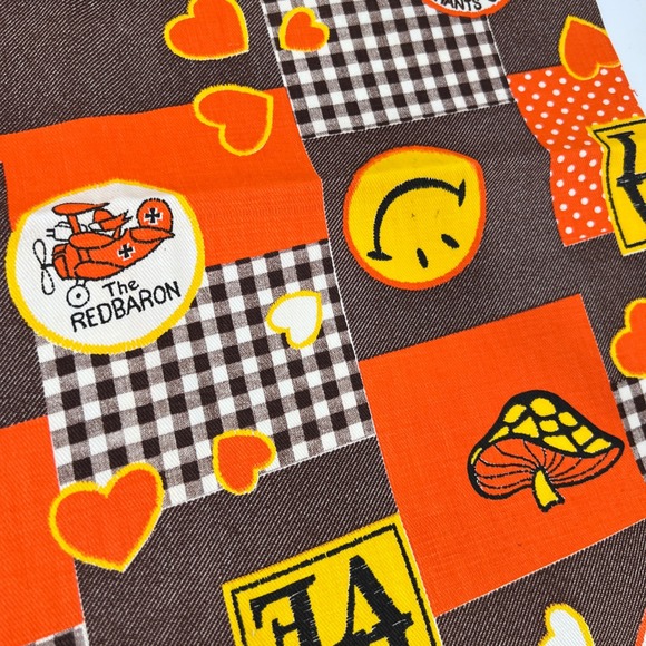 Vintage 70s Fabric Smiley Face LoVE The Red Baron Gingham Patchwork‎ Mushrooms - Picture 4 of 5